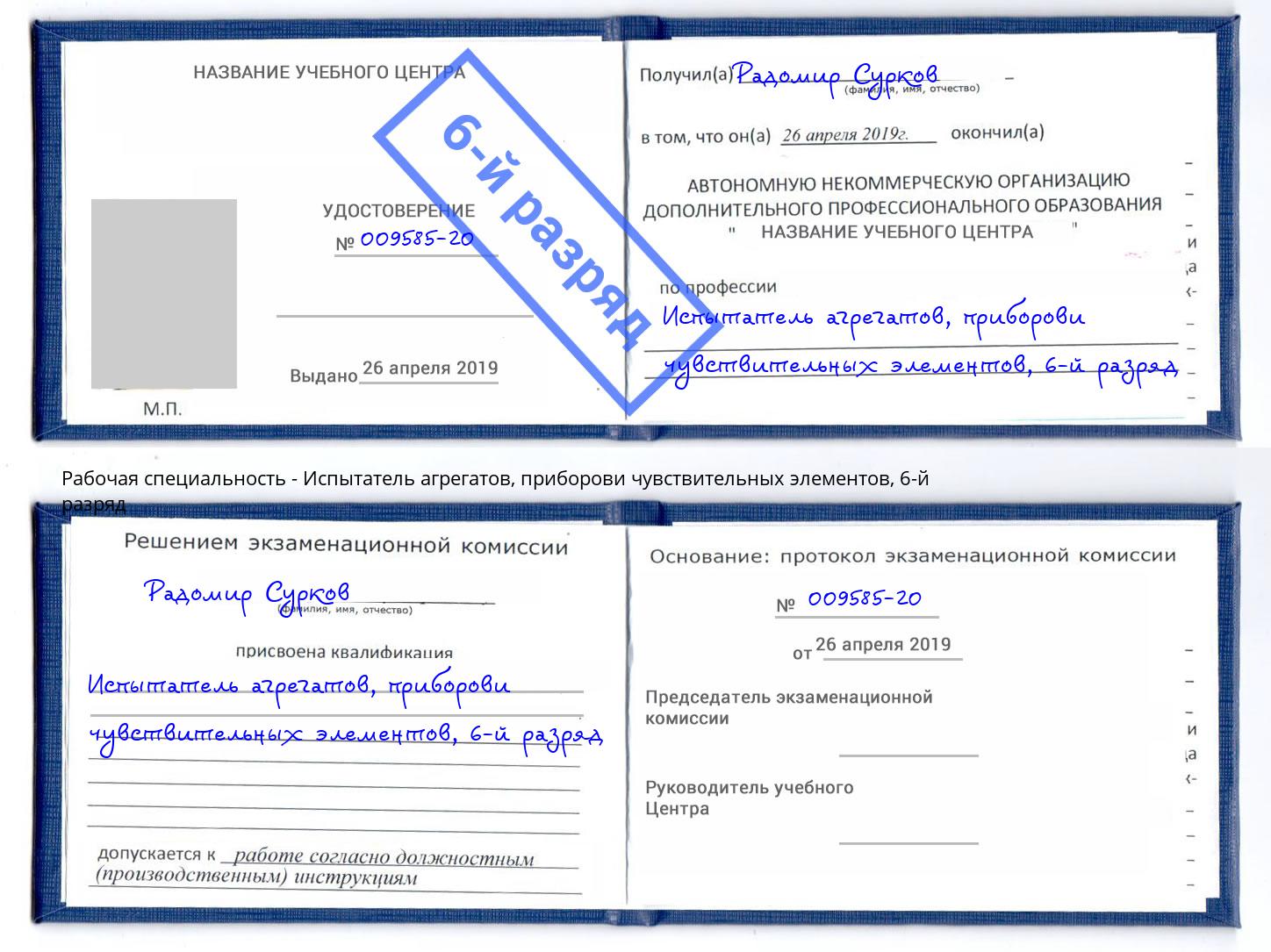 корочка 6-й разряд Испытатель агрегатов, приборови чувствительных элементов Тихорецк