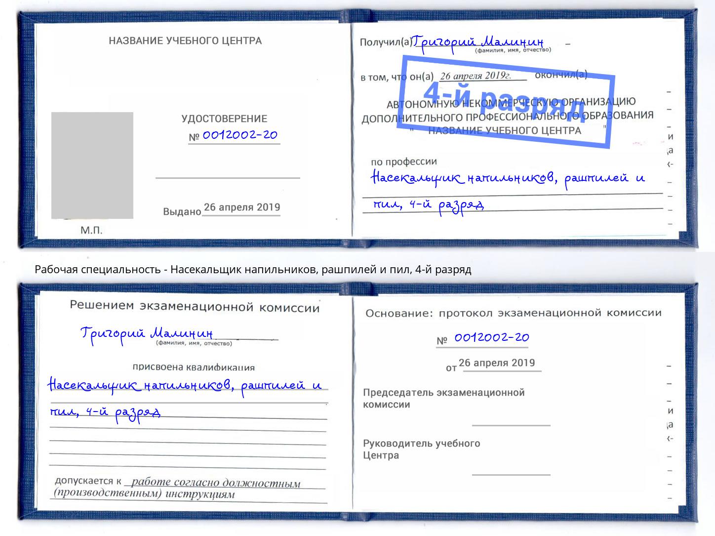 корочка 4-й разряд Насекальщик напильников, рашпилей и пил Тихорецк