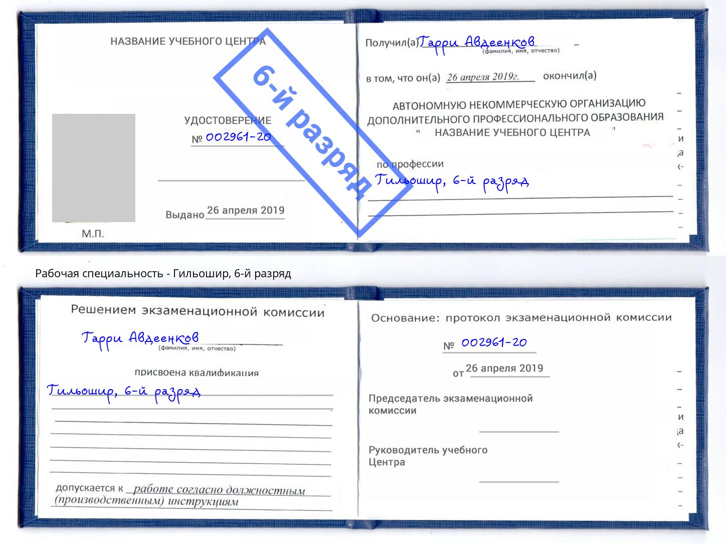 корочка 6-й разряд Гильошир Тихорецк