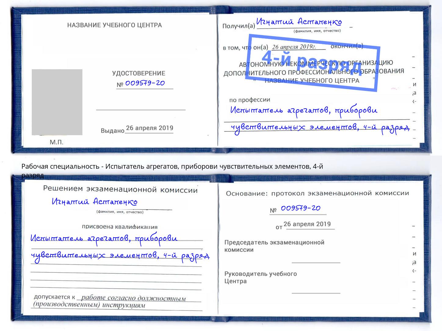 корочка 4-й разряд Испытатель агрегатов, приборови чувствительных элементов Тихорецк