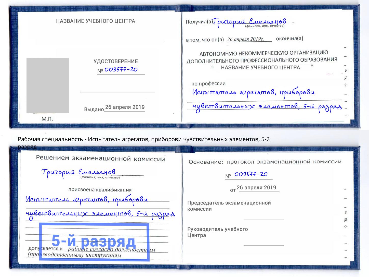 корочка 5-й разряд Испытатель агрегатов, приборови чувствительных элементов Тихорецк