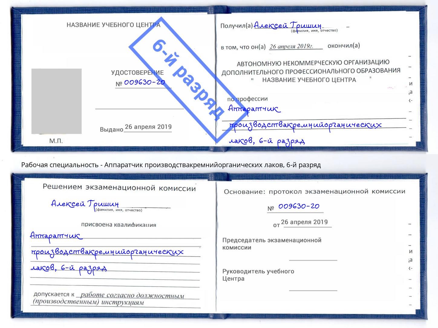 корочка 6-й разряд Аппаратчик производствакремнийорганических лаков Тихорецк