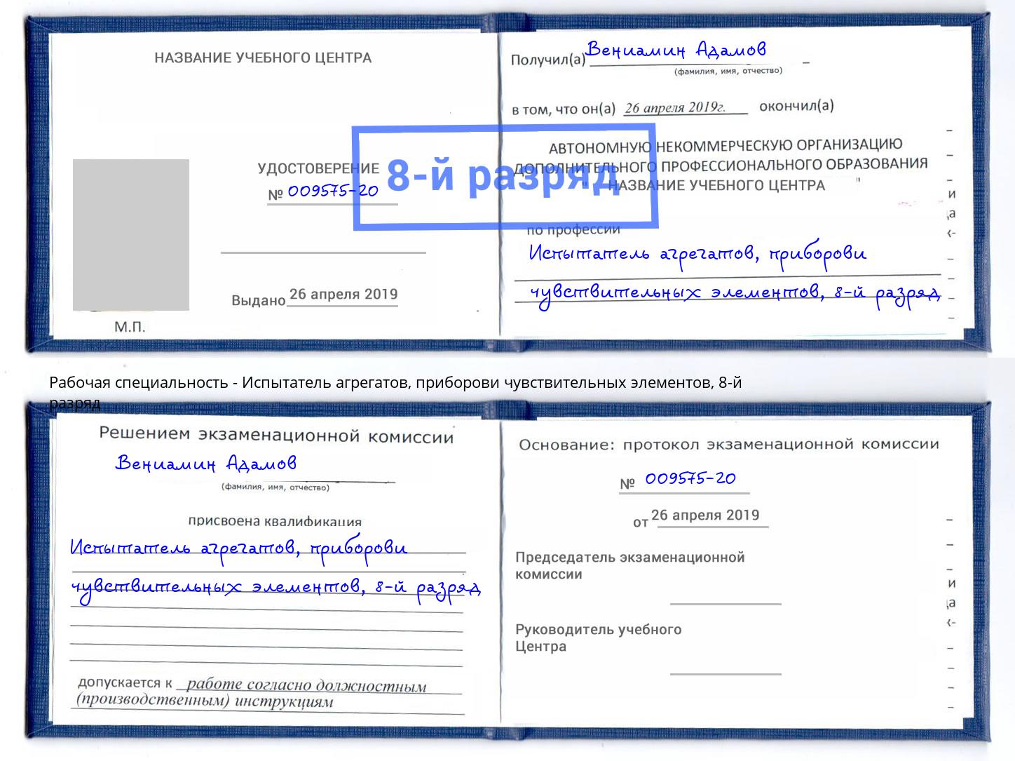 корочка 8-й разряд Испытатель агрегатов, приборови чувствительных элементов Тихорецк